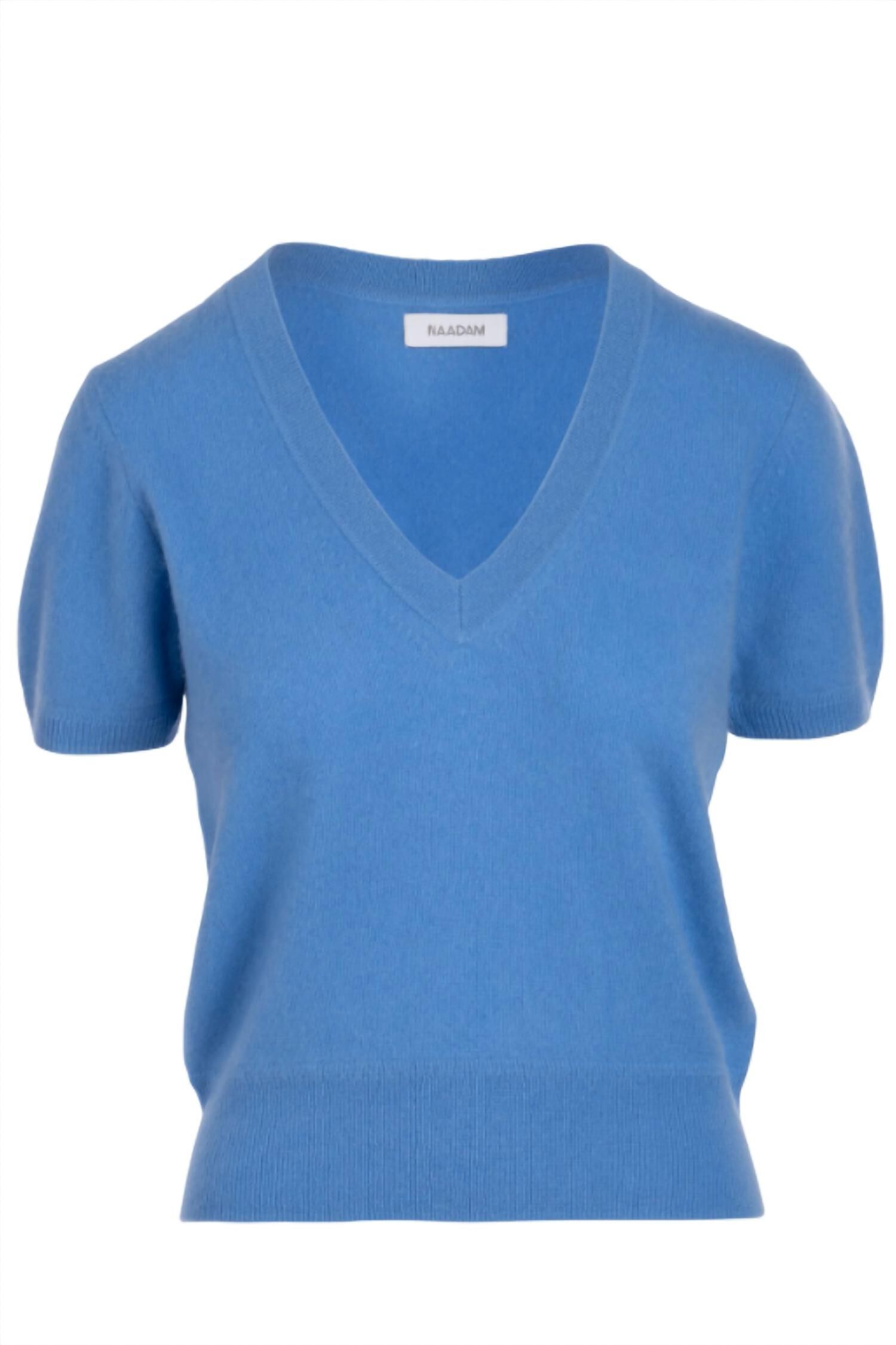 CASHMERE SHORT SLEEVE CROPPED V NECK PULLOVER - POWDER BLUE IN POWDER BLUE, Powder Blue / Light Blue, hi-res image number 0