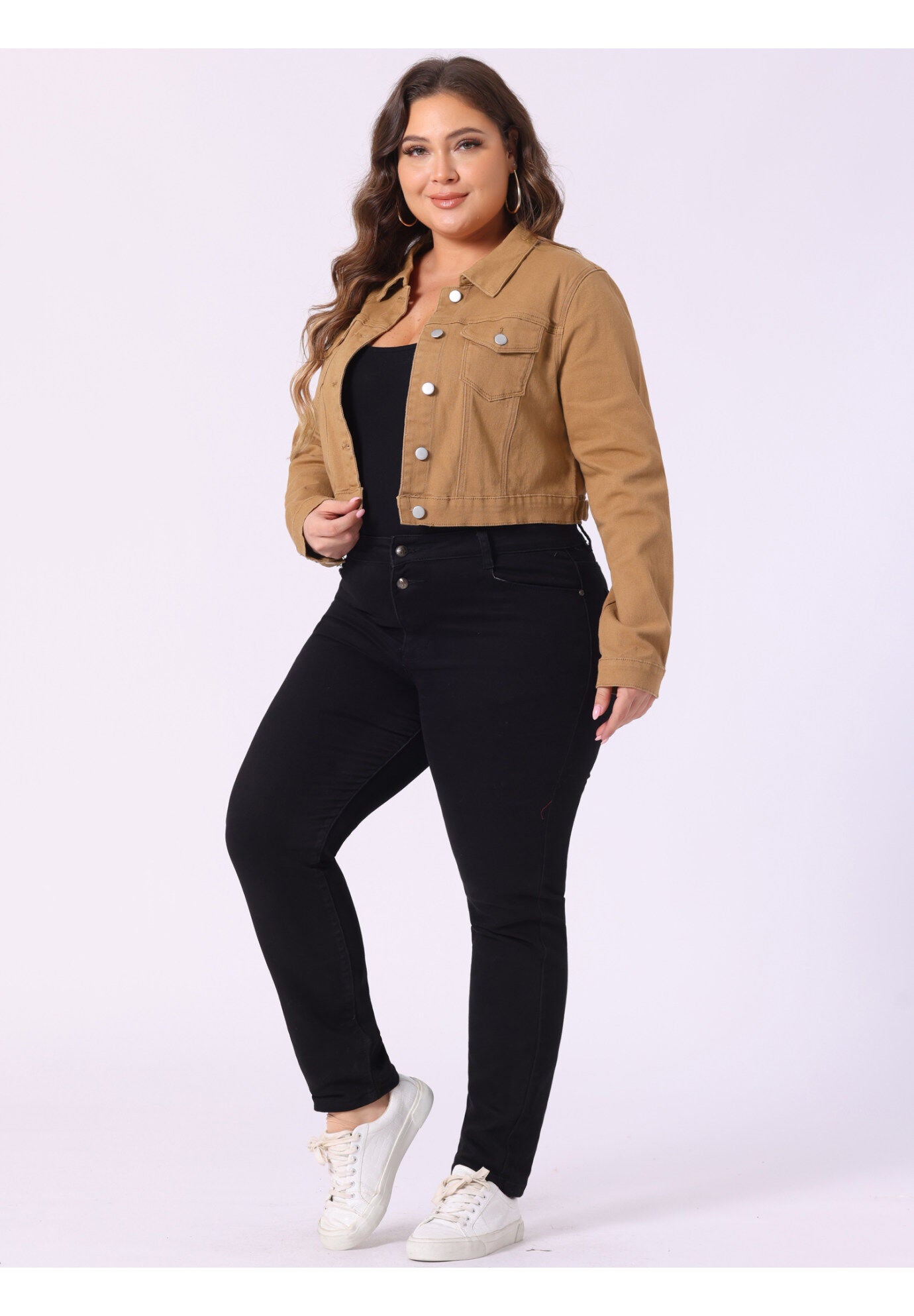 BUTTON CLOSED CROPPED DENIM JACKET, Brown / Brown, hi-res image number 0