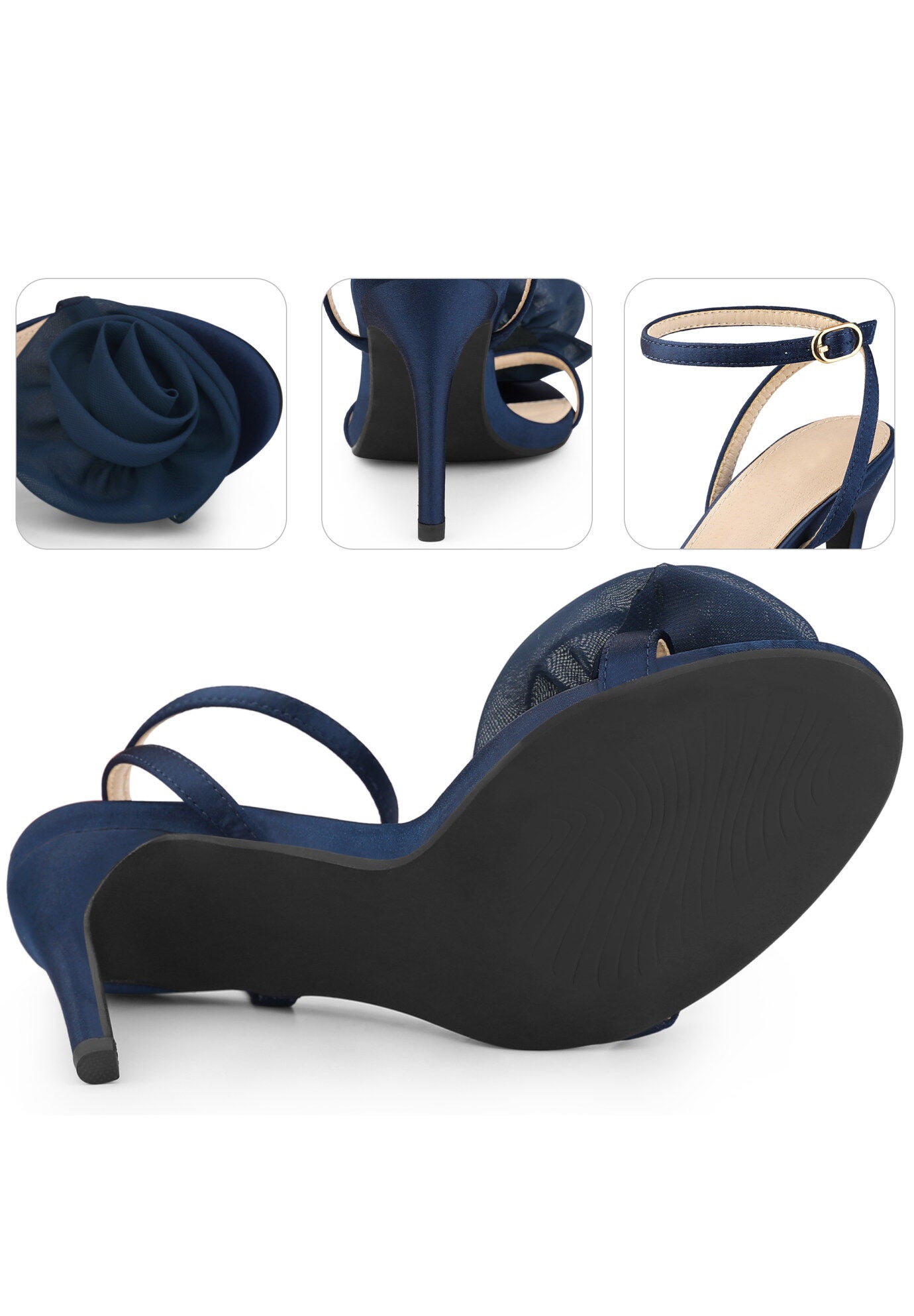 Flower Stiletto High Heels Sandals, Navy Blue / Navy, alternate image number 2