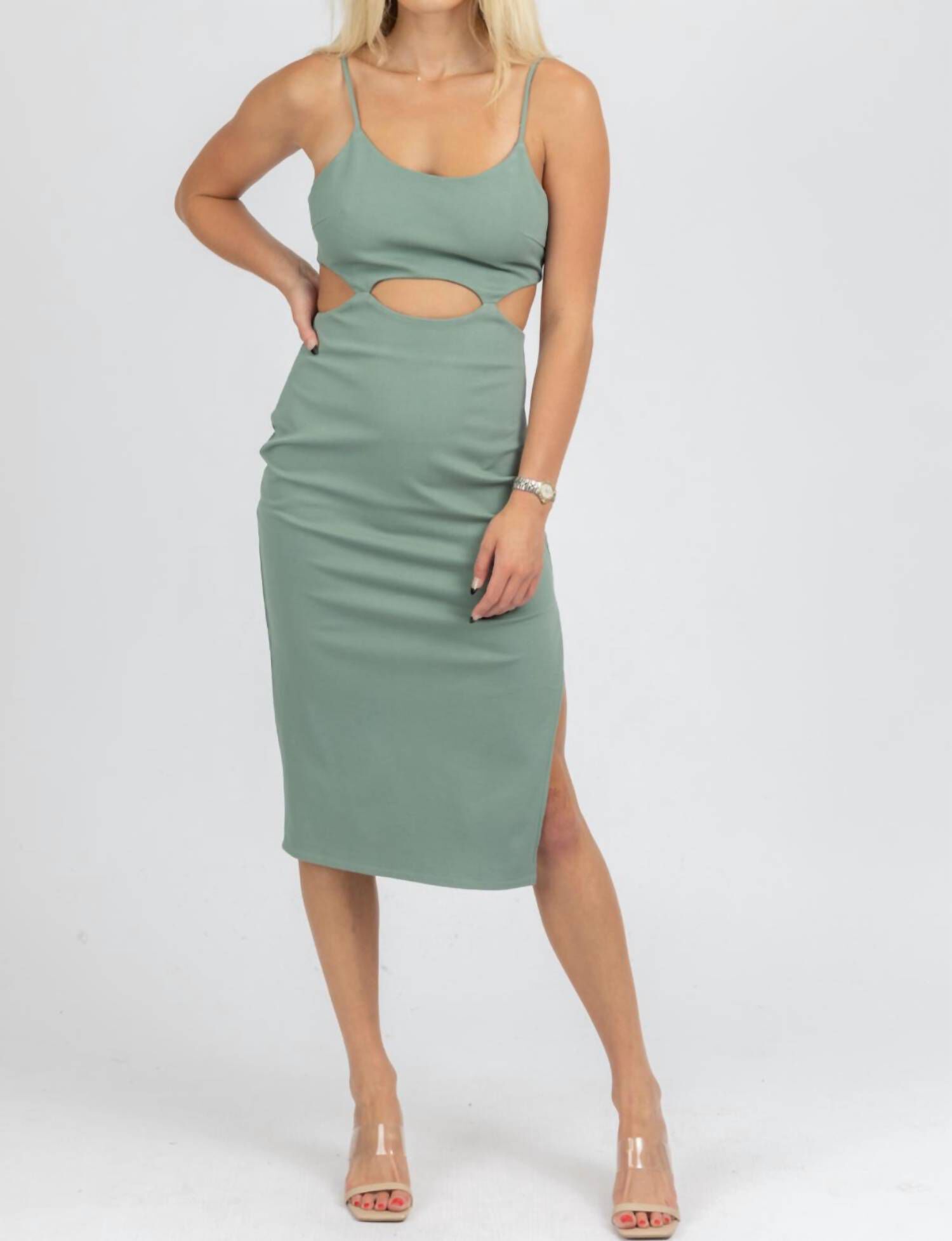 CUTOUT DETAIL MIDI DRESS IN DEEP GREEN, Deep Green / Light Green, hi-res image number 0