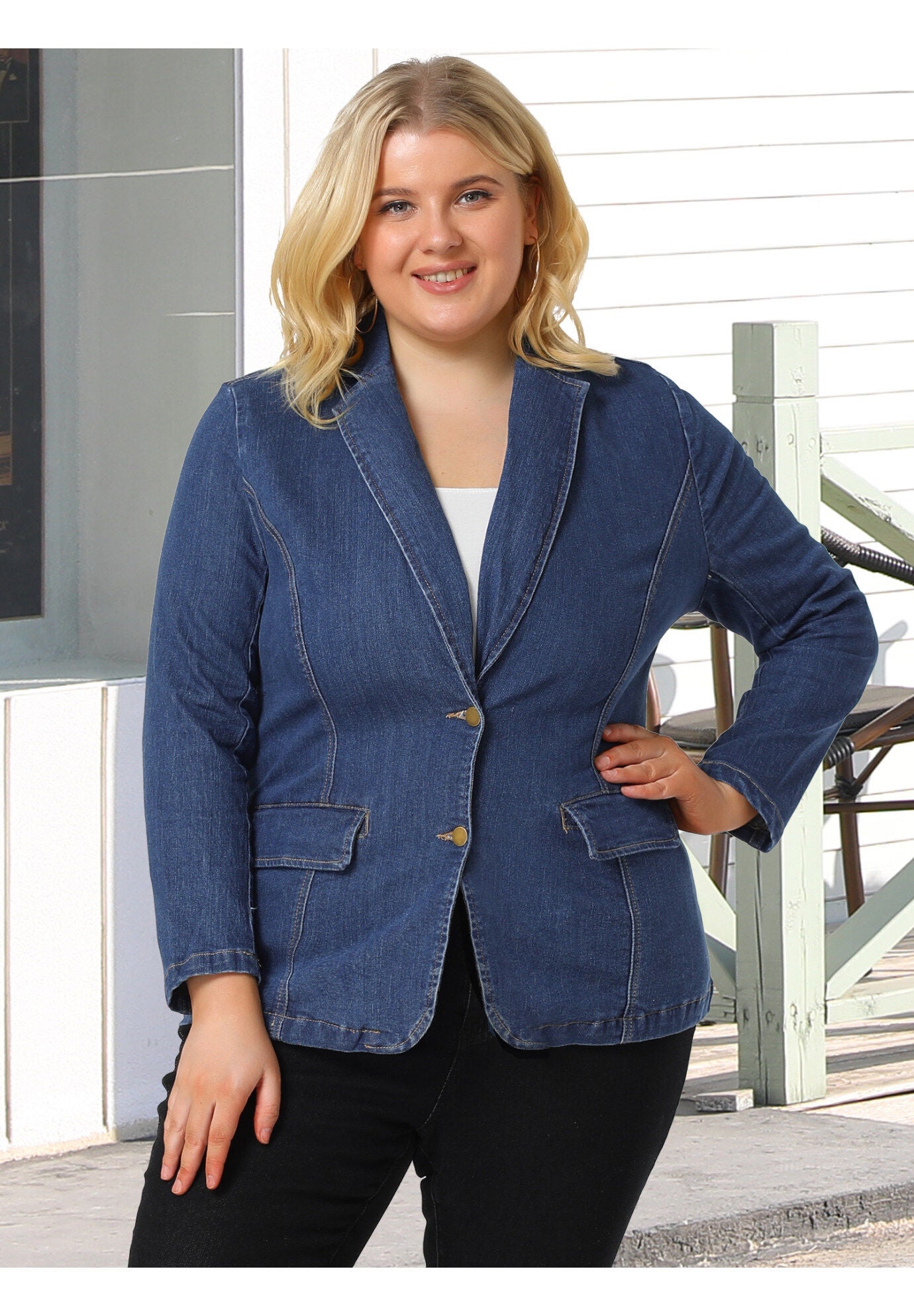 ELEGANT JEAN LAPEL BLAZER DENIM JACKET, Sky Blue / Light Blue, hi-res image number 0