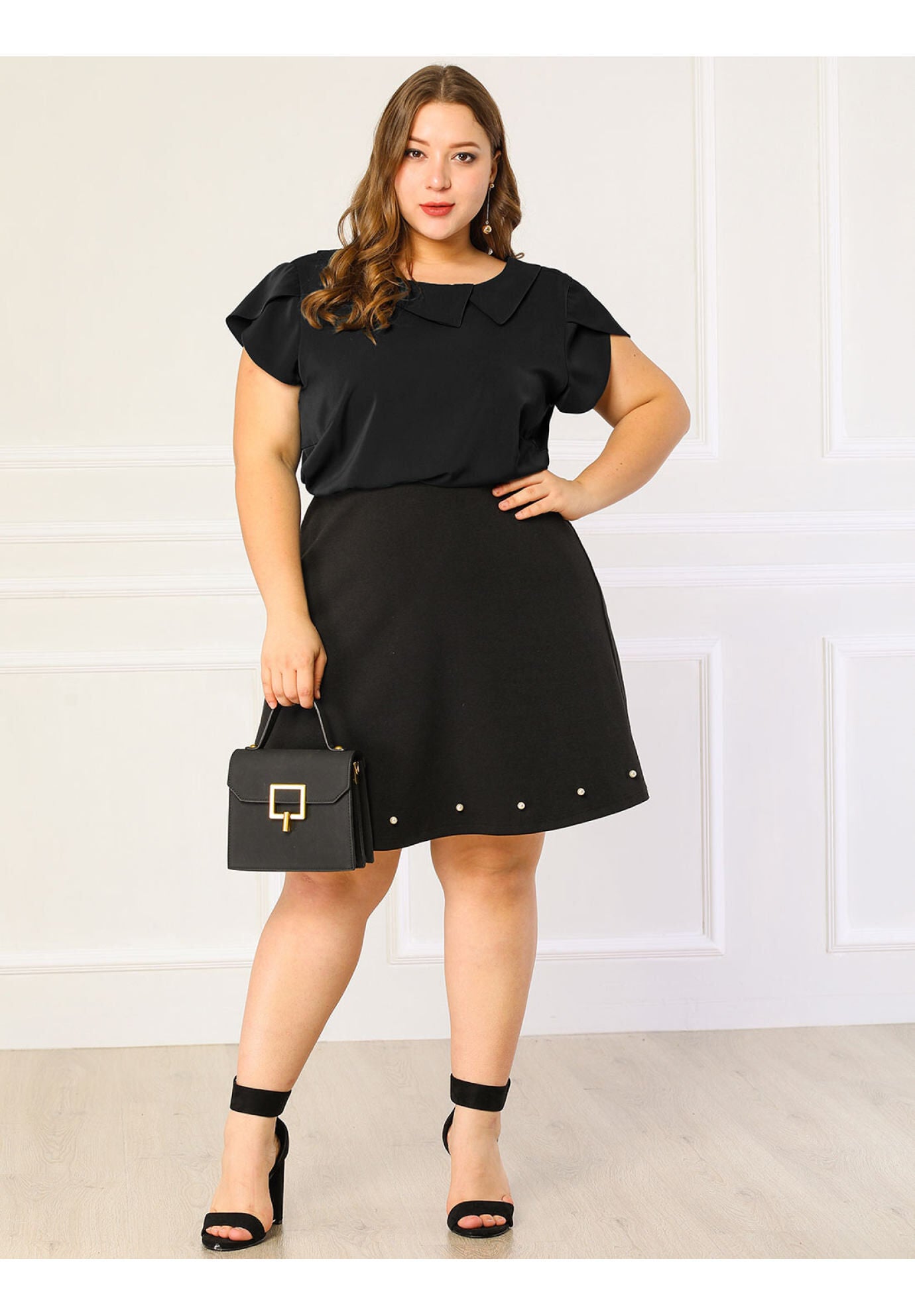 BOAT NECK FLUTTER SLEEVE CHIFFON TOP, Black / Black, hi-res image number 0