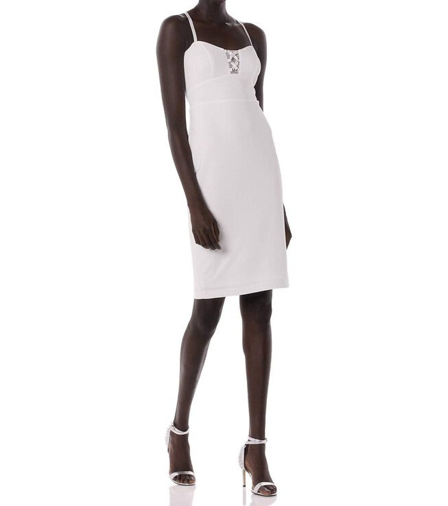 BEBE WOMEN ILLUSIONS BODYCON FIT SPAGHETTI STRAP PENCIL SHEATH DRESS IVORY WHITE IN IVORY WHITE, Ivory White / White, hi-res image number 0