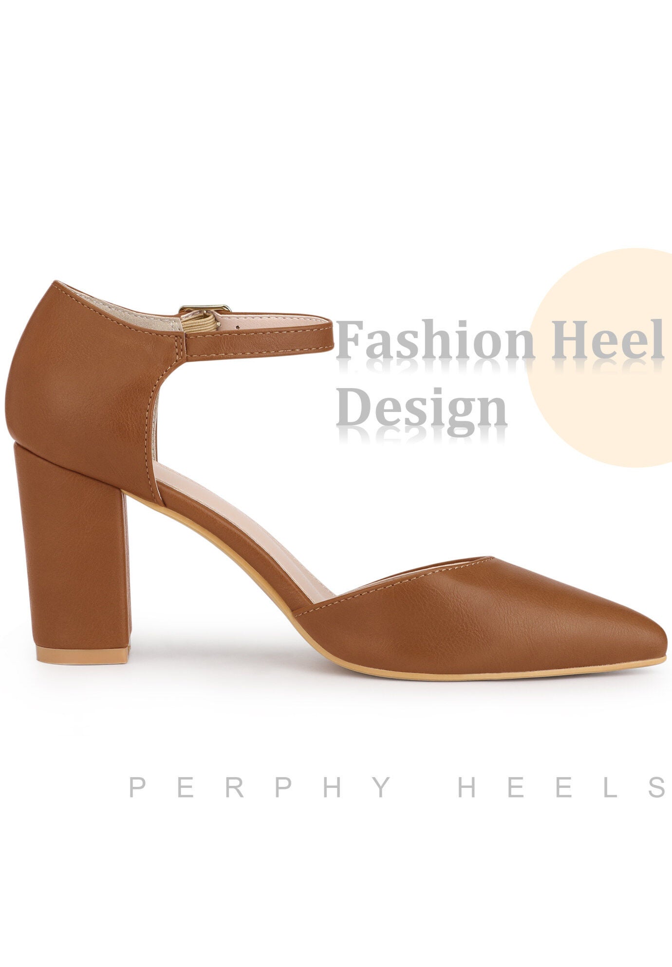 Pointed Toe Ankle Strap Pumps Chunky Heel, Brown / Brown, alternate image number 2