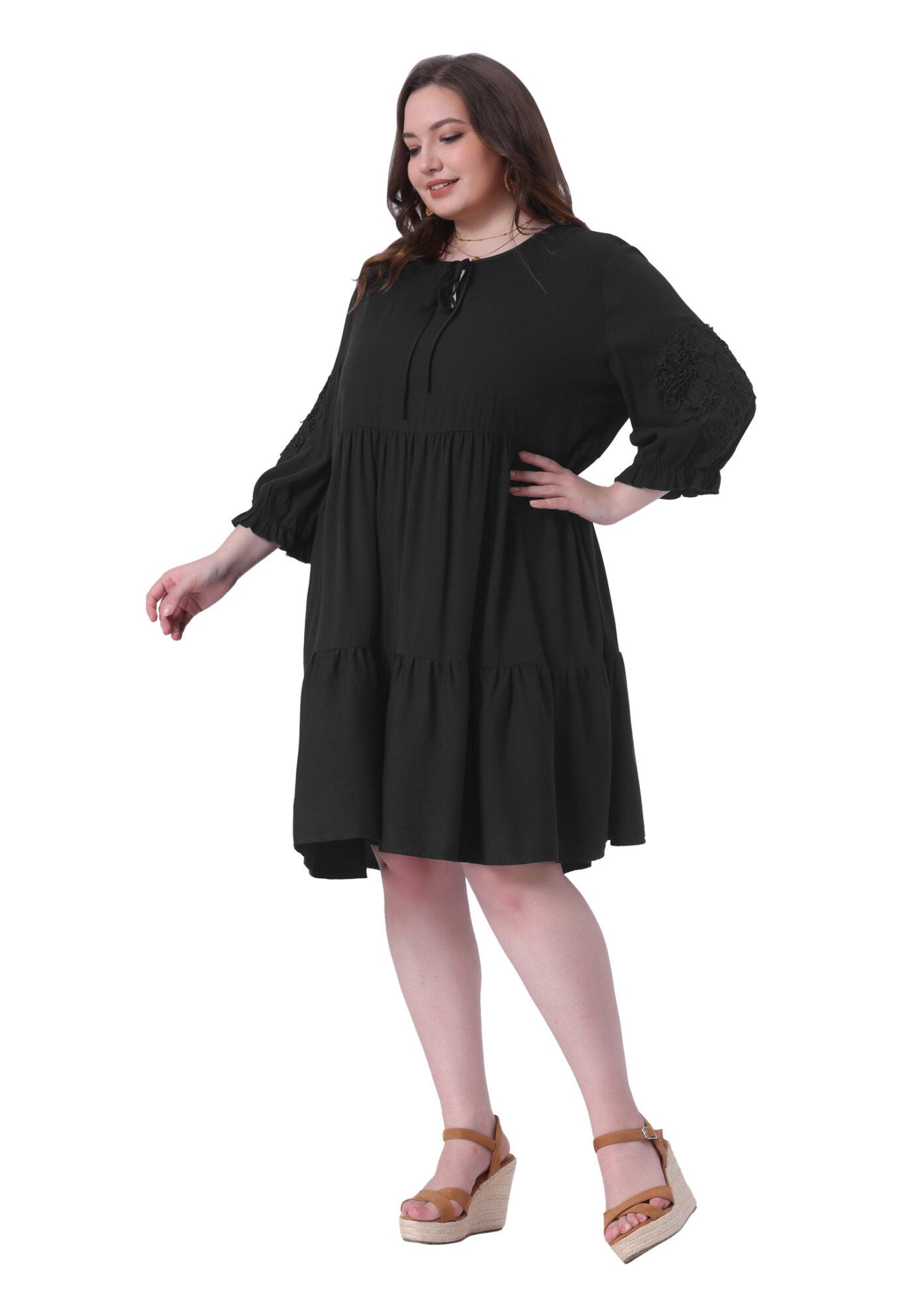 TIE NECK LACE SLEEVE RUFFLE MIDI FLOWY DRESS, Black / Black, hi-res image number 0