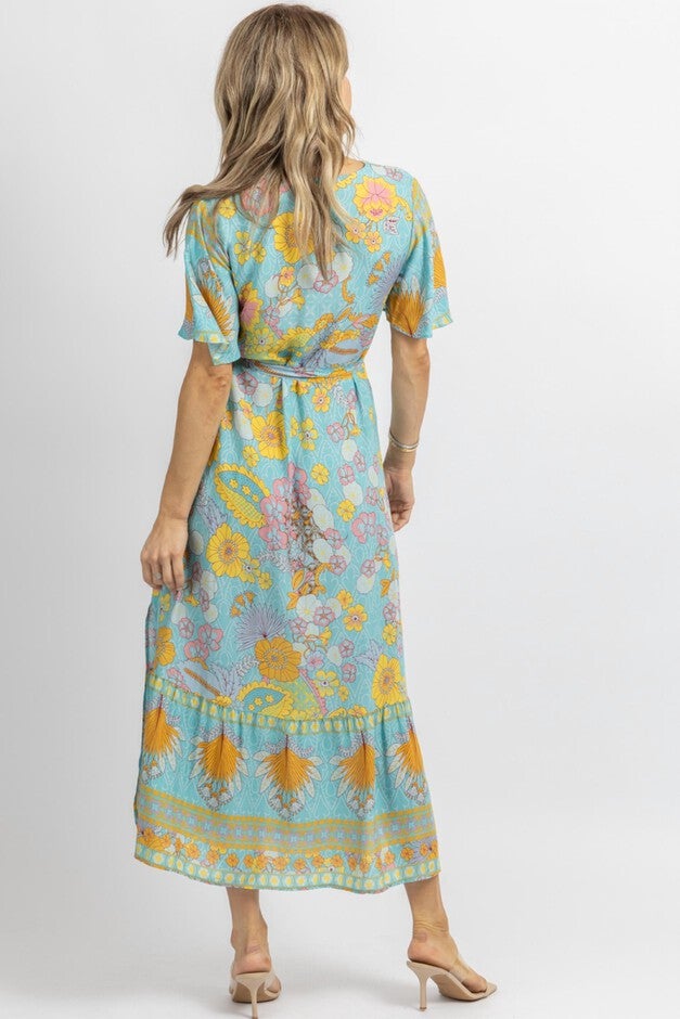 BUTTERFLY SLEEVE MIDI DRESS IN LIGHT BLUE FLORAL, , alternate image number null