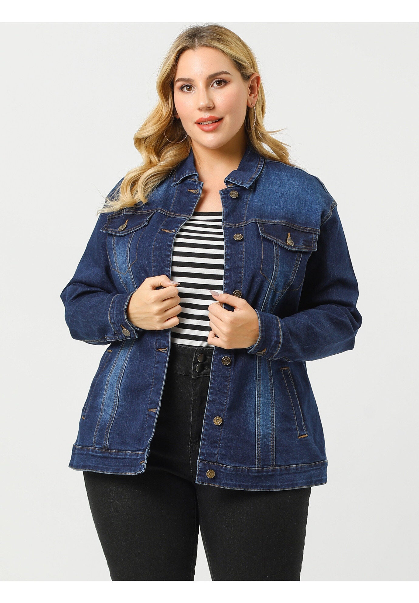 STITCHING BUTTON FRONT WASHED DENIM JACKET, Dark Blue / Navy, alternate image number 3