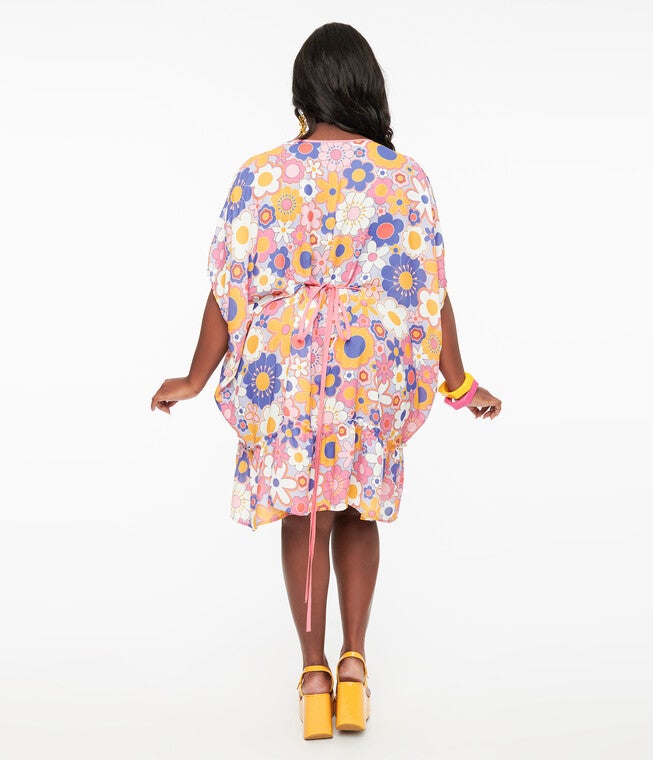 Smak Parlour 1970s Pink & Purple Mod Floral Mini Caftan, Pink Purple Floral / Peach, alternate image number null