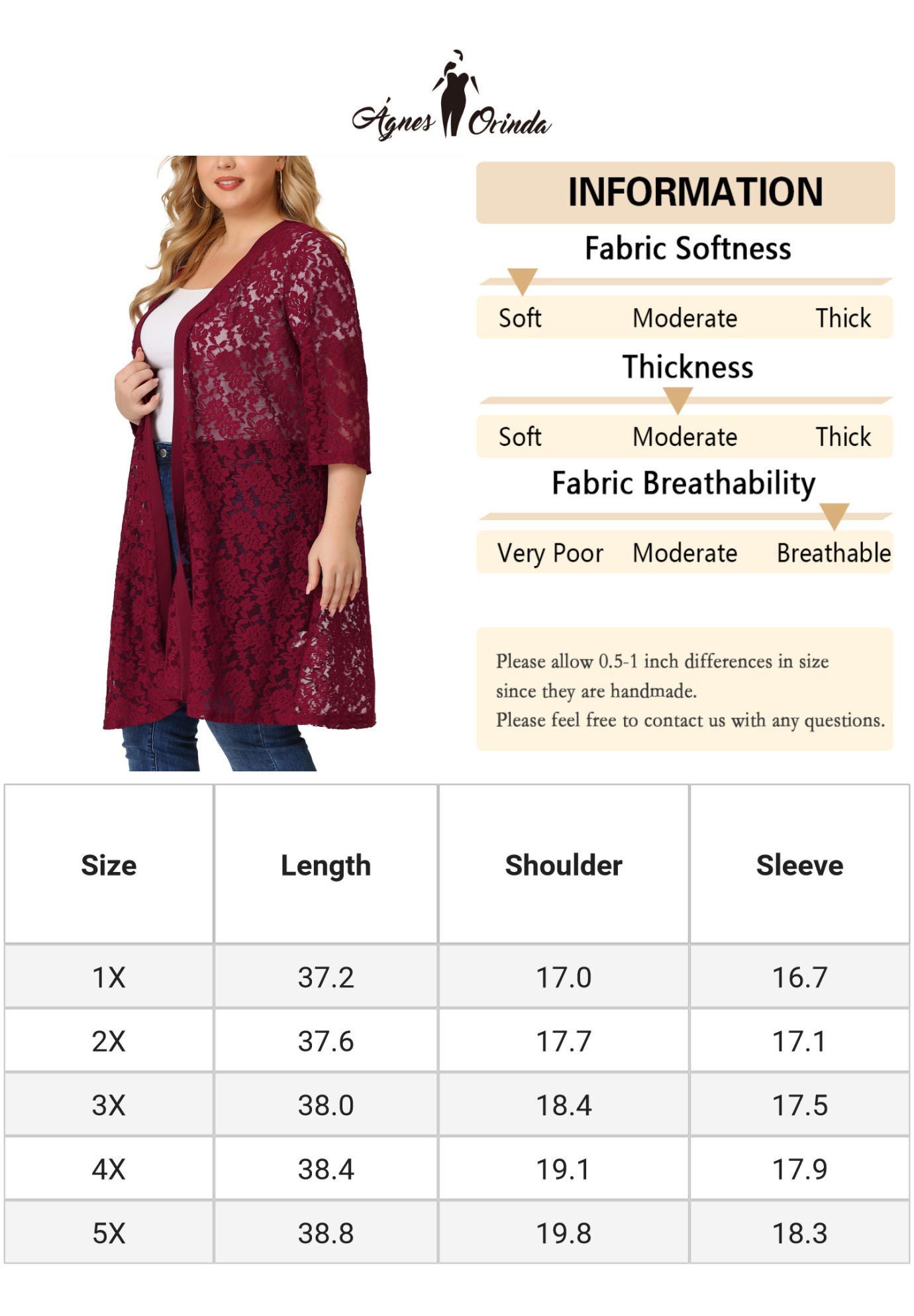 LACE CROCHET 3/4 SLEEVE COVER UP CARDIGAN, Burgundy / Red, alternate image number 2