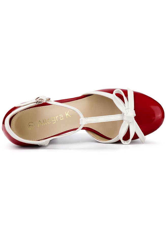 Platform Bow T Strap Chunky Heels Pumps, Red / Red, alternate image number 4