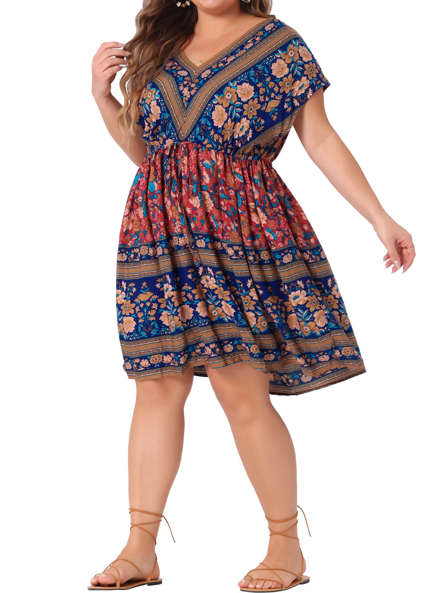 Boho Summer V Neck Drawstring Waist Short Sleeve Floral Print Dress, Royal Blue / Royal Blue, alternate image number 1