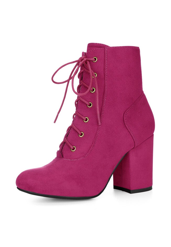 ROUND TOE CHUNKY HIGH HEEL LACE UP BOOTS, Hot Pink / Pink, hi-res image number 0
