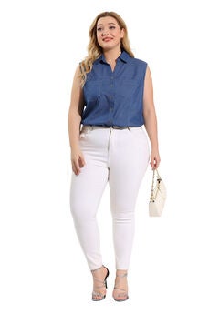Sleeveless Button Down Shirt Chambray Top