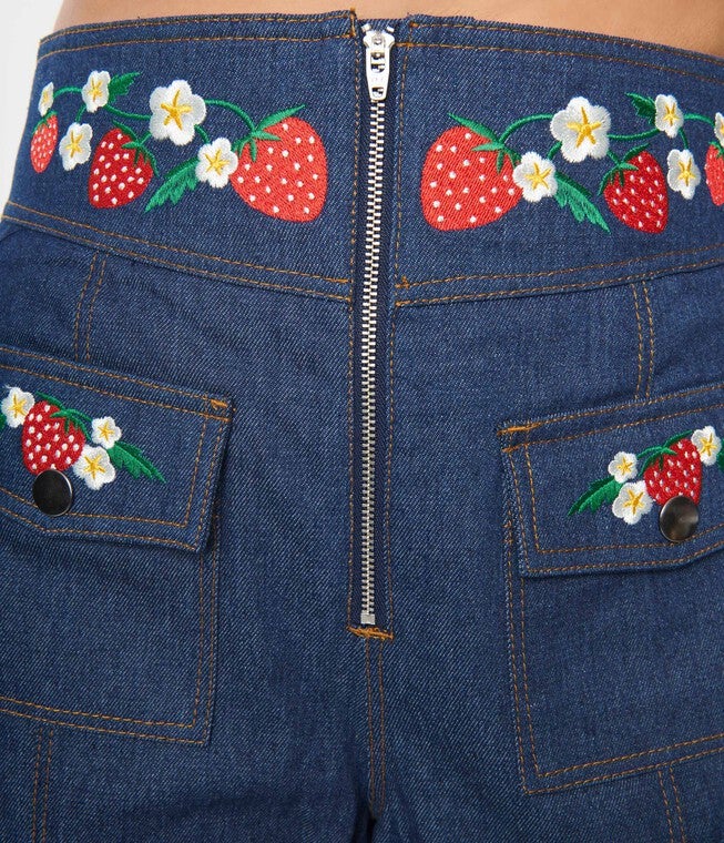 Smak Parlour Strawberry Blossom Embroidered Denim Wide Leg Pants, , alternate image number null