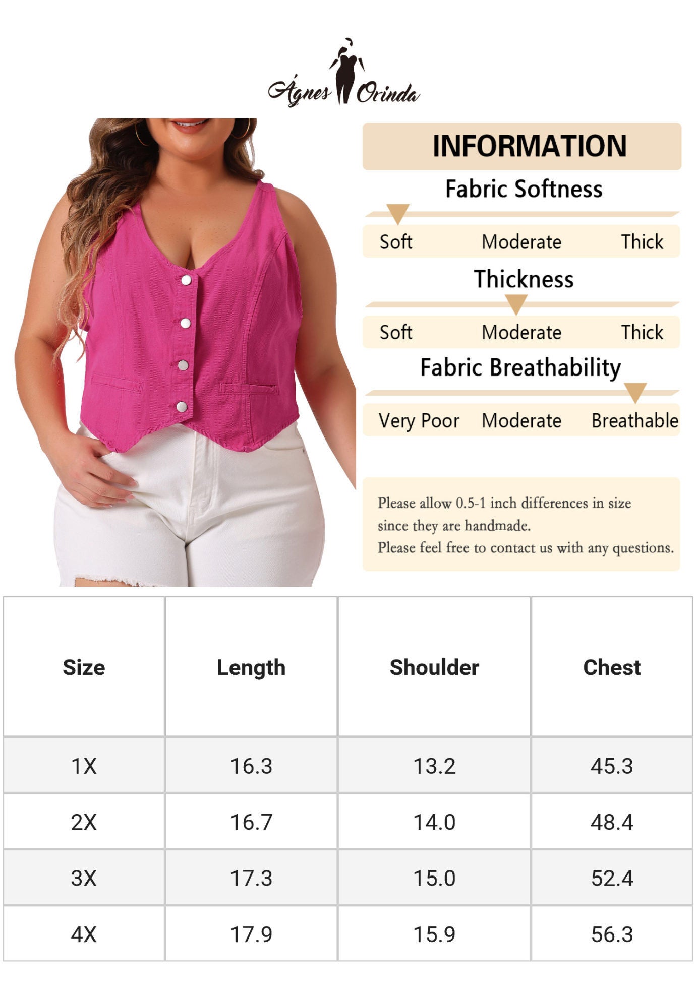 BUTTON DOWN SLEEVELESS JEAN WAISTCOAT VEST, Hot Pink / Pink, alternate image number 3