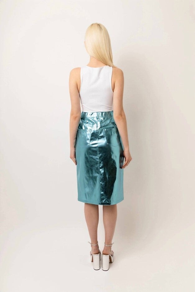 LUPE METALLIC PENCIL SKIRT IN ICE BLUE, Ice Blue / Light Blue, alternate image number null