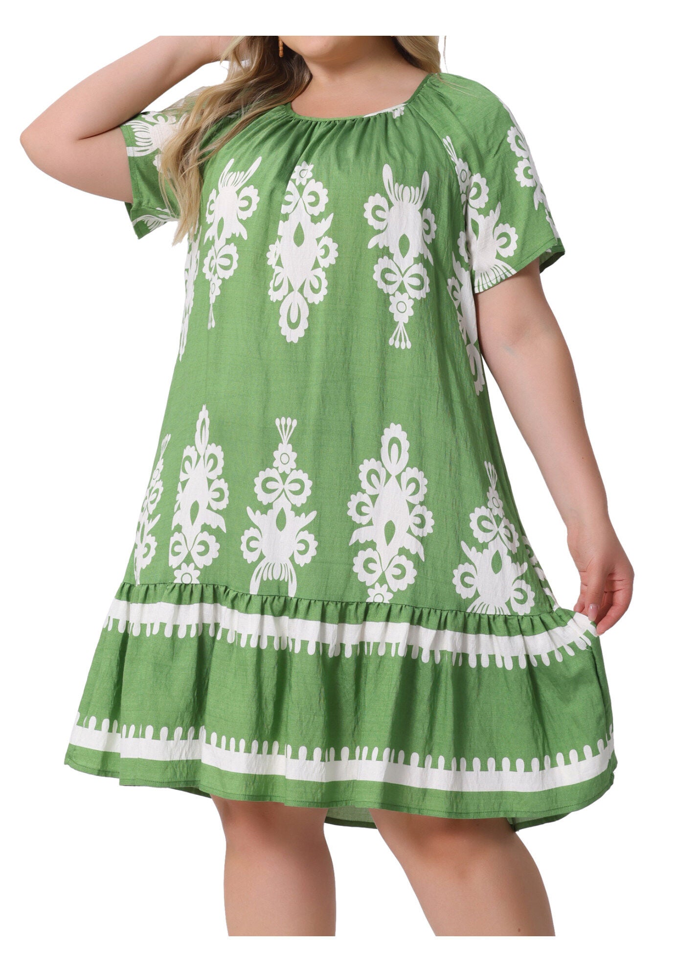 Summer Boho Short Sleeve Flared Midi Sun Dress, Green / Light Green, alternate image number 1