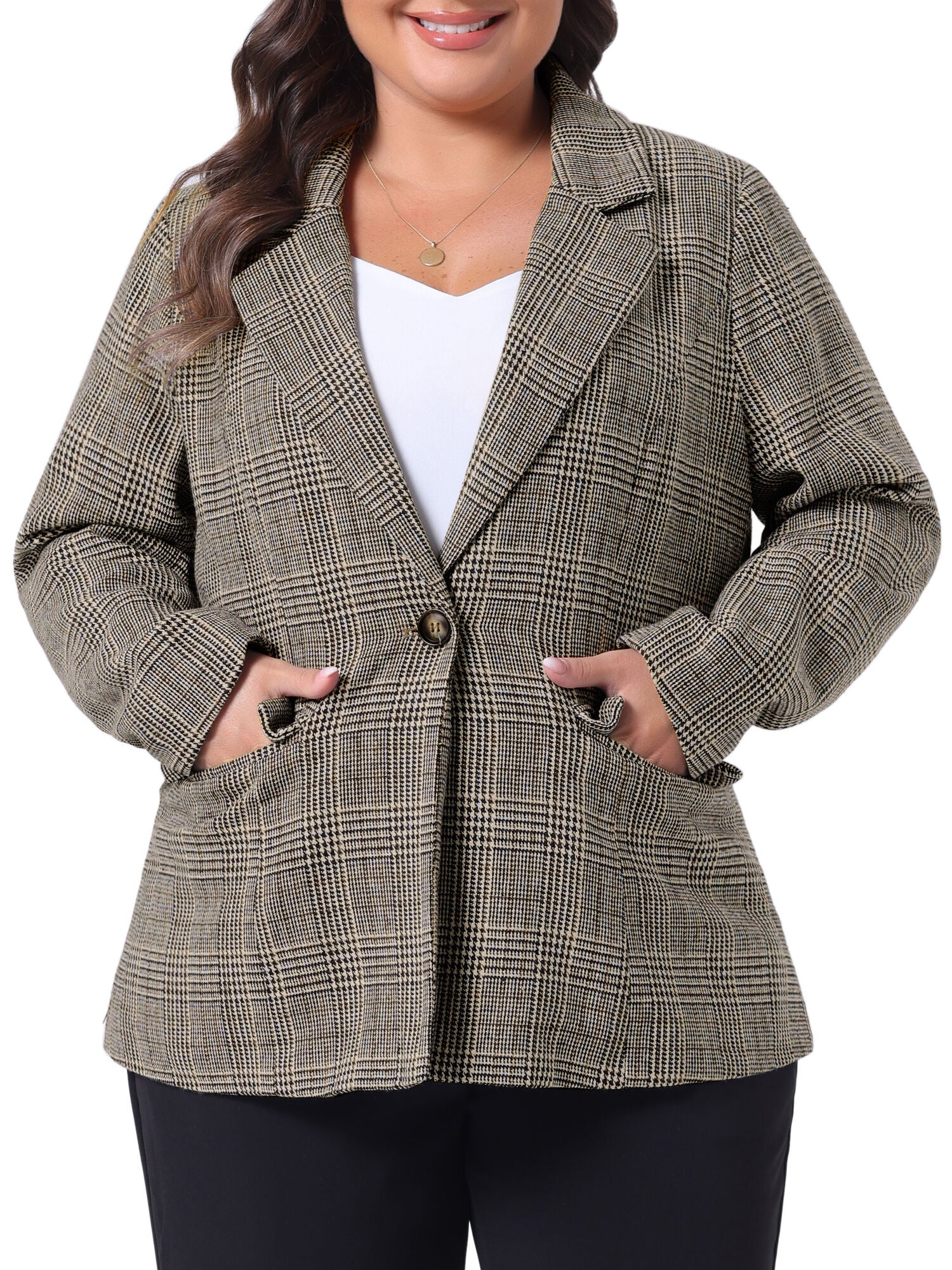 PLAID NOTCHED LAPEL CASUAL BLAZER, Black Brown / Black, alternate image number 1