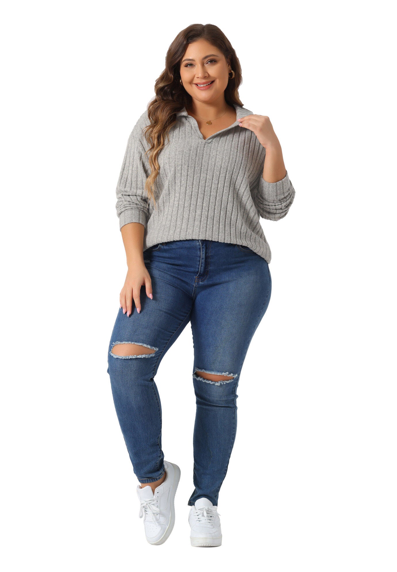 Loose Polo V Neck Long Sleeve Ribbed Knit Top, Grey / Cool Gray, hi-res image number 0