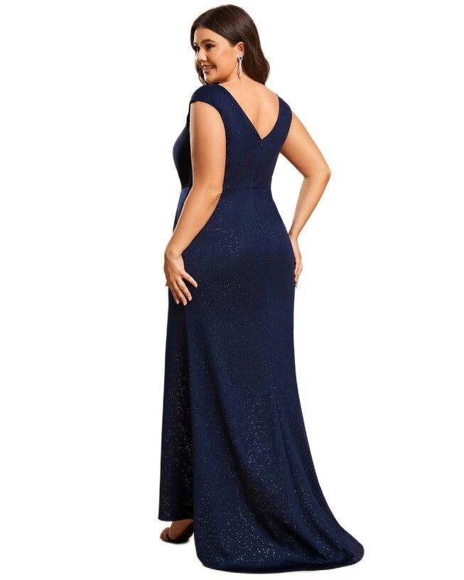 Plus Size Elegant V-neck Glitter Sequin Front Slit Mother of the Bride Dress, , alternate image number null