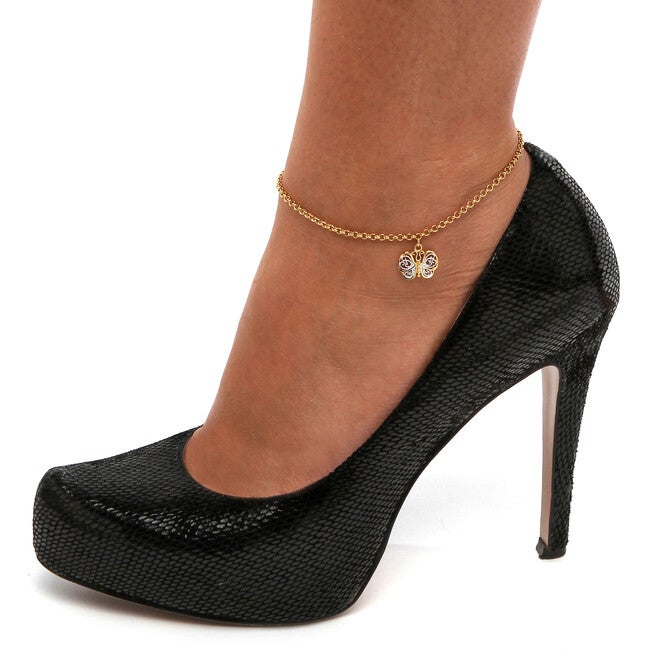 18k Gold-Plated Two-Tone Filigree Butterfly Ankle Bracelet Adjustable 9 inches to 11 inches, , alternate image number null