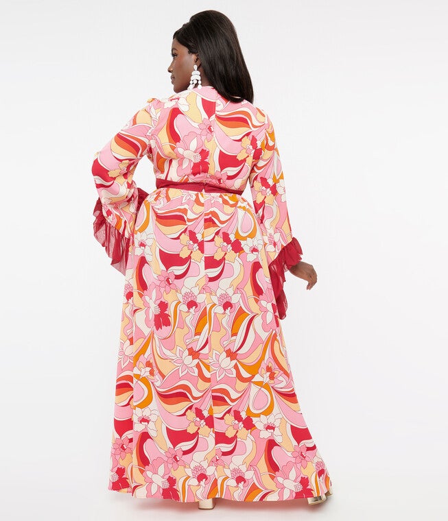 Unique Vintage 1960s Pink & Red Psychedelic Floral Maxi Dress, PinkRed Floral / Pink, alternate image number 1