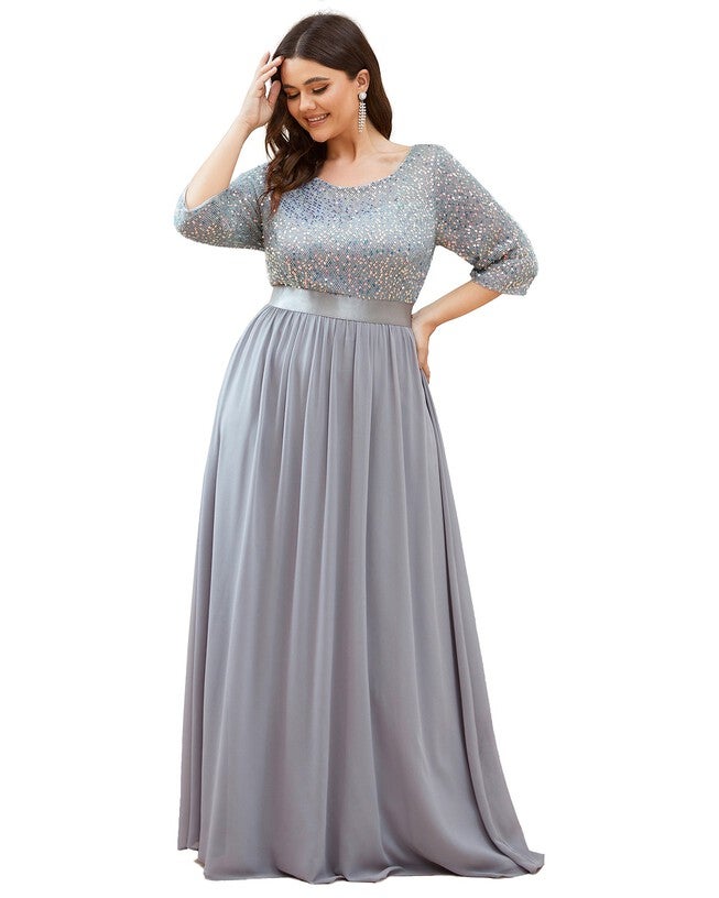 3/4 Sleeves Round Neck Evening Dress With Sequin Bodice, Silver / Silver, alternate image number 3