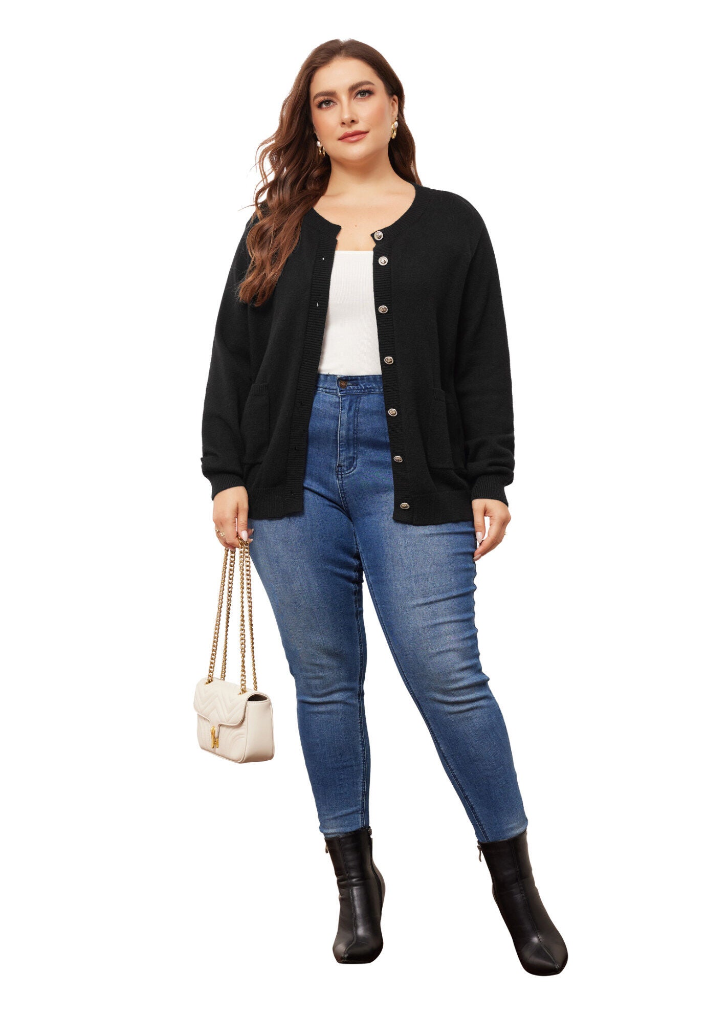 Button Down Crew Neck Sweater Knit Cardigan, Black / Black, hi-res image number 0