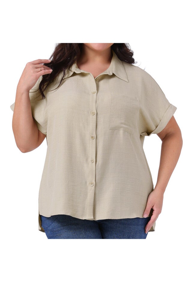 Button Down Short Sleeve Collared Top with Chest Pocket, Beige / Beige, alternate image number 2