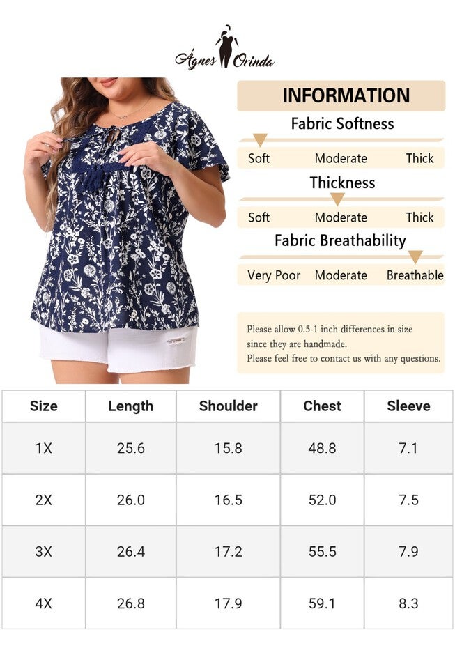 Short Sleeve Boho Top Floral Print Blouse, Navy Blue / Navy, alternate image number null