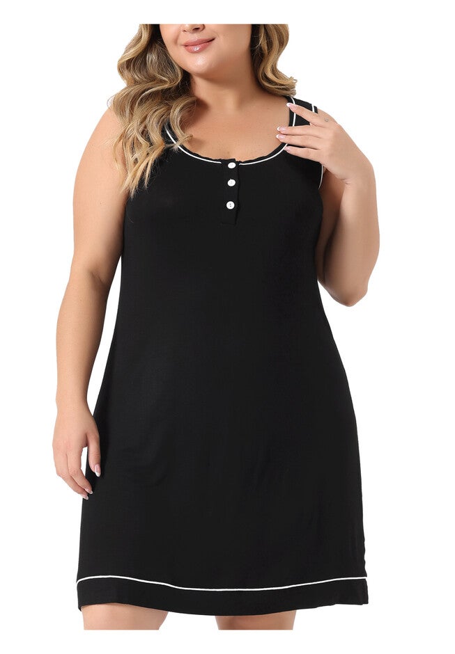 Sleeveless Round Neck Lounge Sleep Dress, Black / Black, alternate image number 2