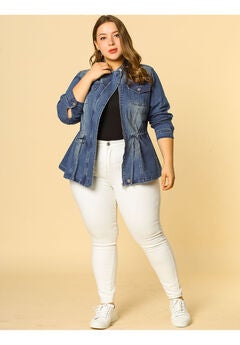 STRETCH STAND COLLAR ZIP DRAWSTRING DENIM JACKET