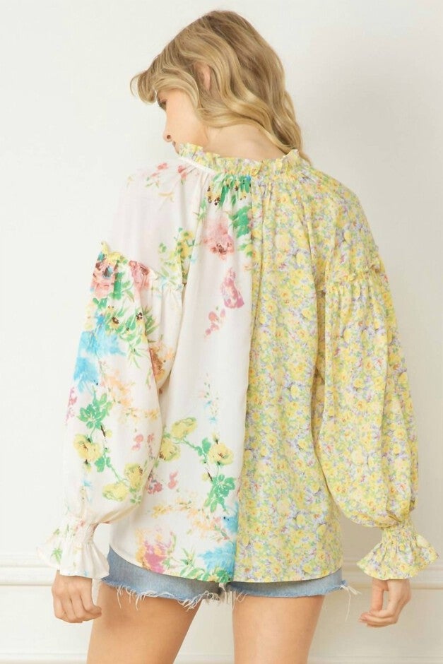 FLORAL CONTRAST PRINT V-NECK BLOUSE IN LEMON AND GREEN, , alternate image number 8