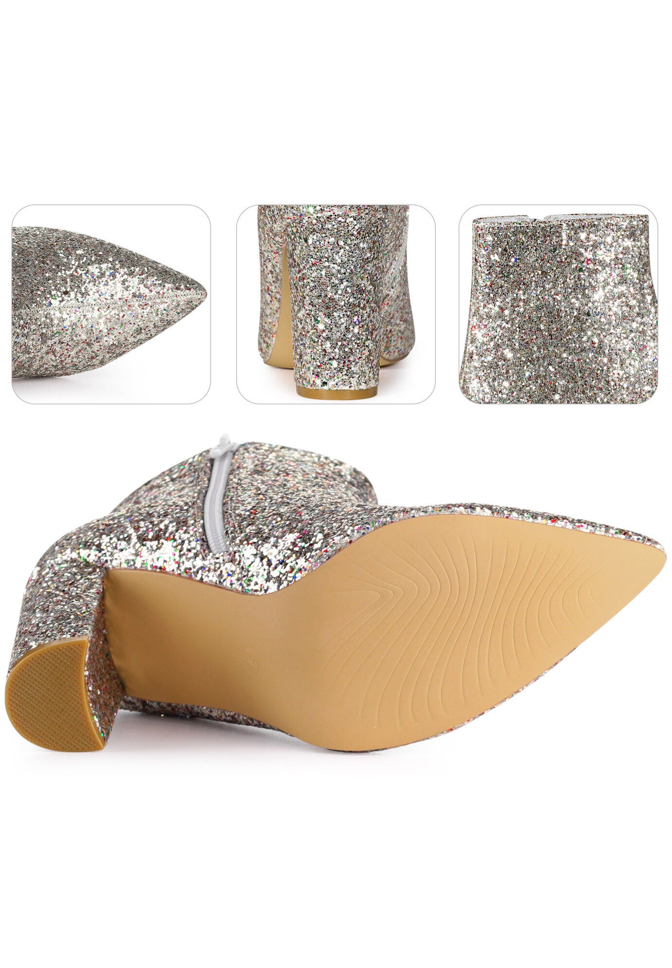 Glitter Pointed Toe Chunky Heels Sparkly Booties, Silver / Silver, alternate image number 2