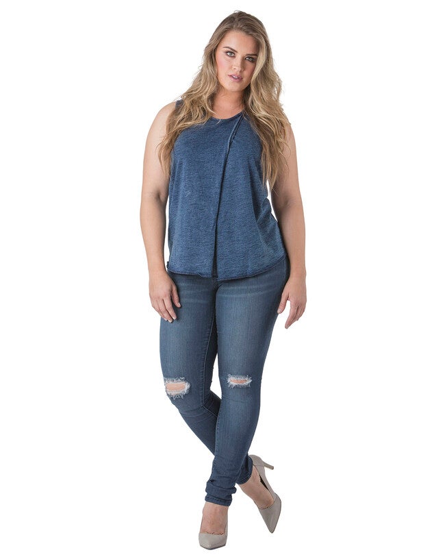 Plus Size Brandie Cross Over Sleeveless Indigo Knit Tank Top, 2814 Fabian / Medium Wash, alternate image number null