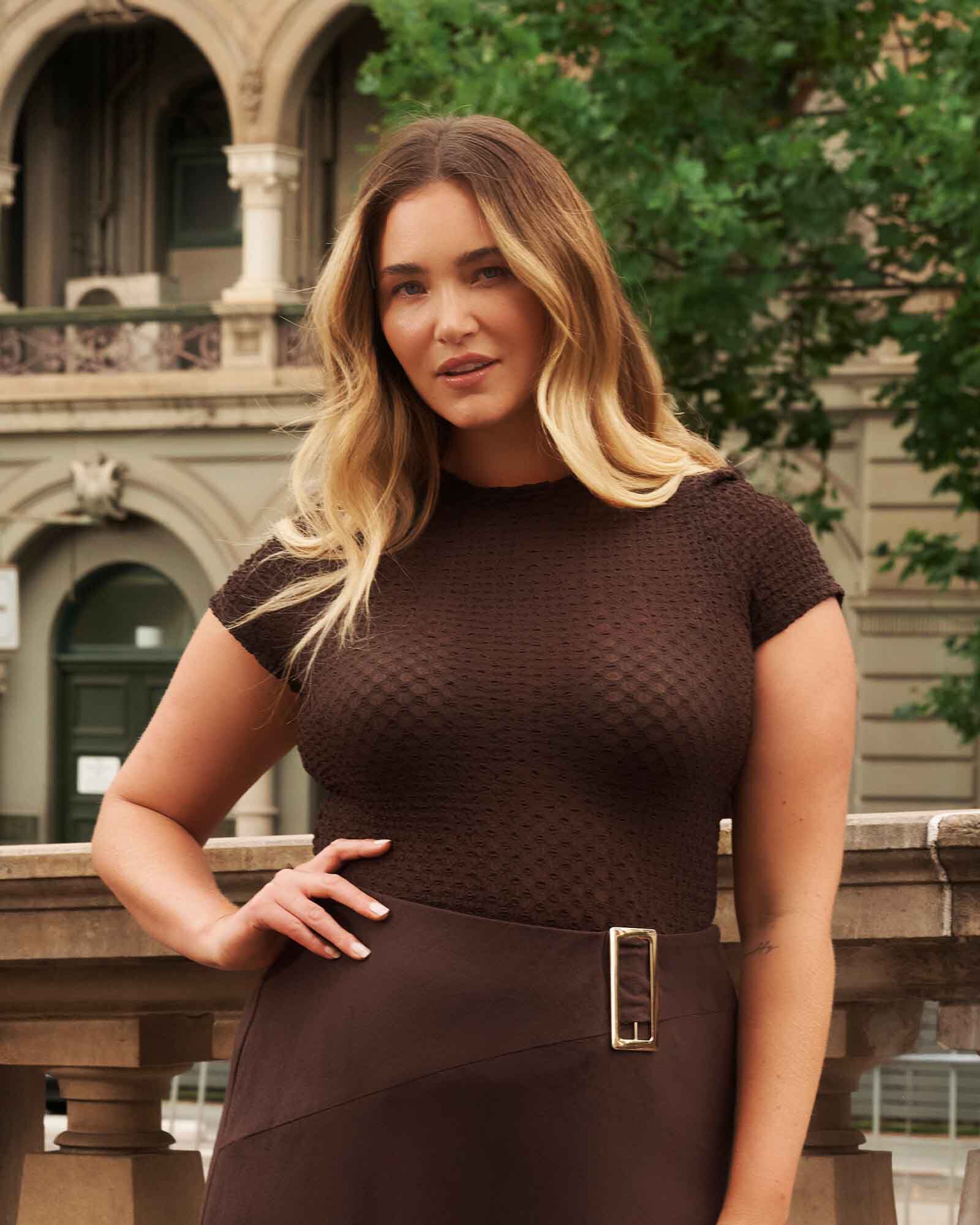 Naomi Sheer Textured Mesh Short Sleeve Top, Espresso / Brown, alternate image number 1