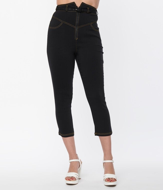Unique Vintage Black Yoke Waist Capris, Black / Black, alternate image number 3