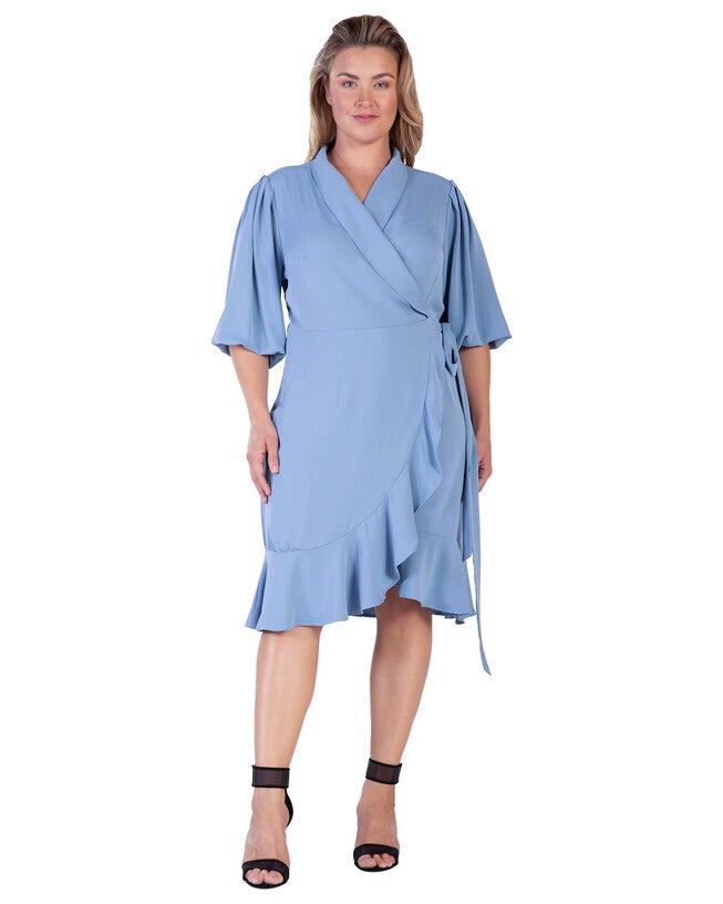 Kylie Double Georgette Dusty Pink Ruffles Wrap Midi Dress, Slate / Light Blue, hi-res image number 0