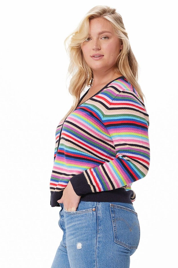 Cotton Cashmere Weekend Stripe Cardigan, Multi Stripe / Black, alternate image number 1