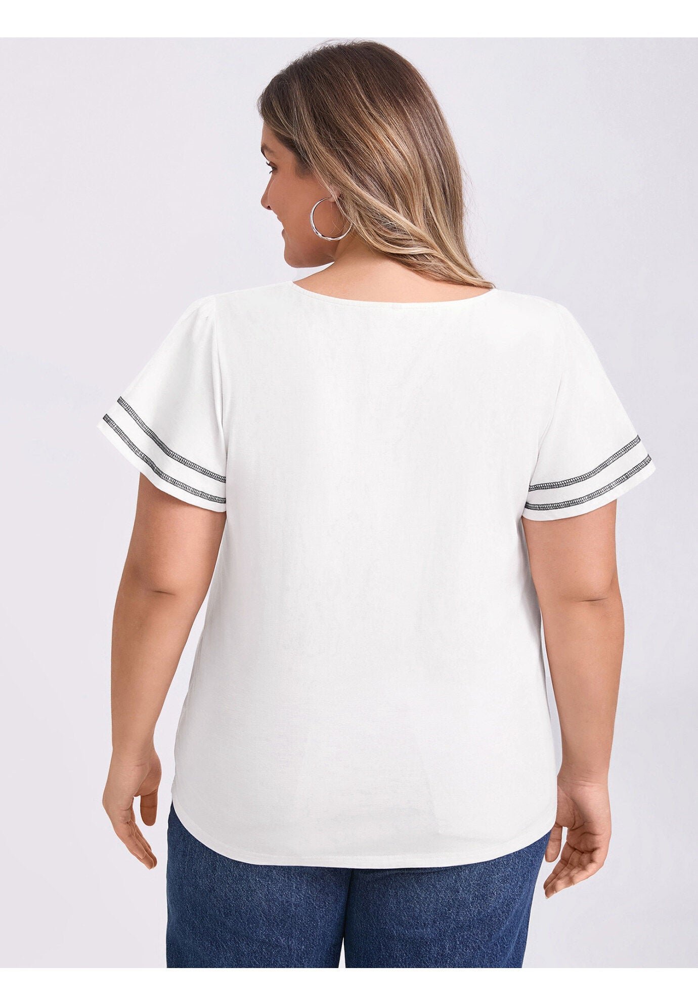 Contrasting Colors Top Ruffle Short Sleevs Tee Shirt Blouse, White / White, alternate image number 1