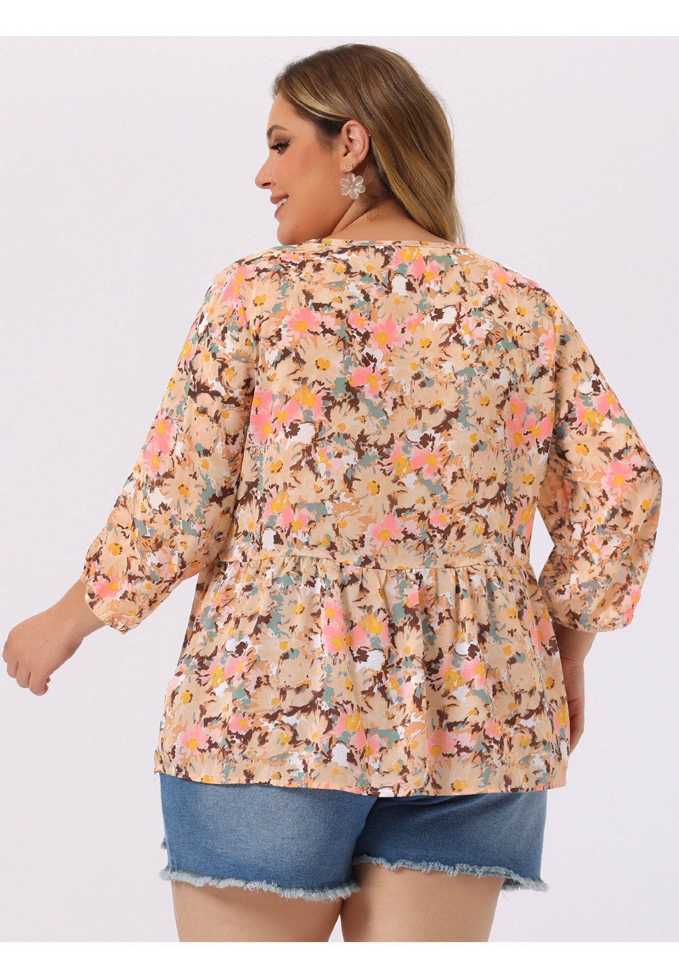 V Neck Babydoll Flowy 3/4 Lantern Sleeve Floral Blouse, Dark Pink / Orange, alternate image number 3