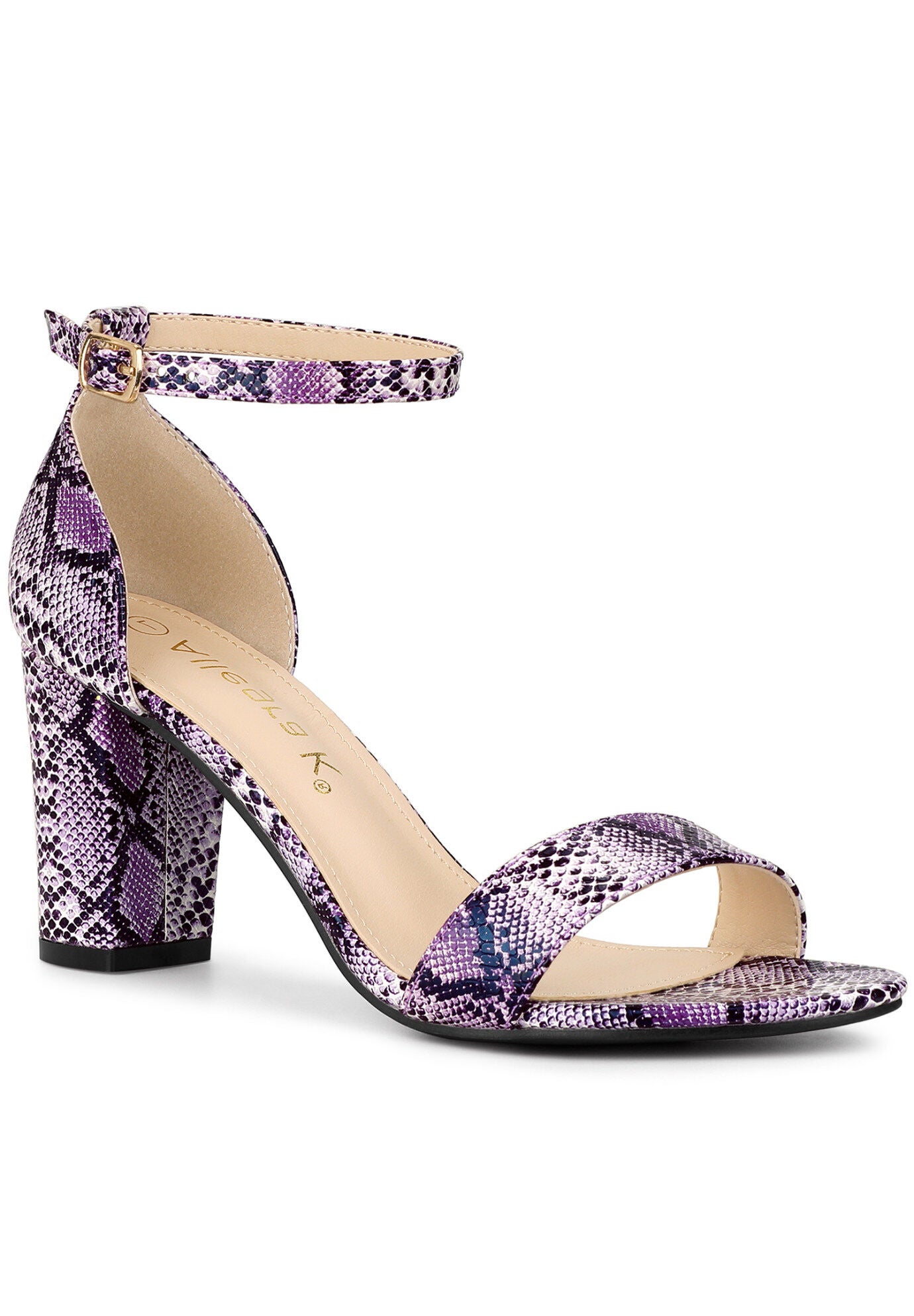 Snakeskin Ankle Strap Snake Chunky Heel Sandals, Purple Snake / Purple, hi-res image number 0