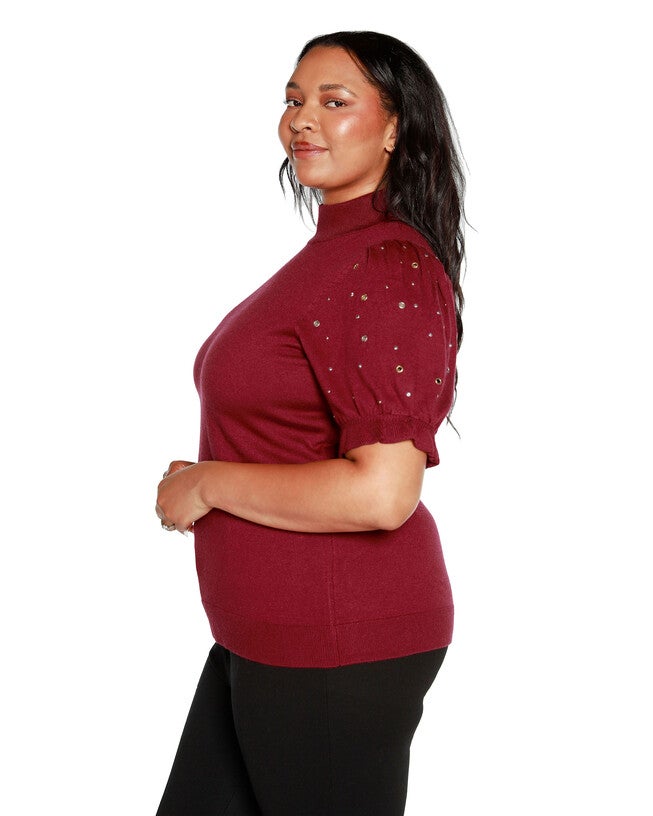 Embellished Puff-Sleeve Sweater, Cranberry / Red, alternate image number null