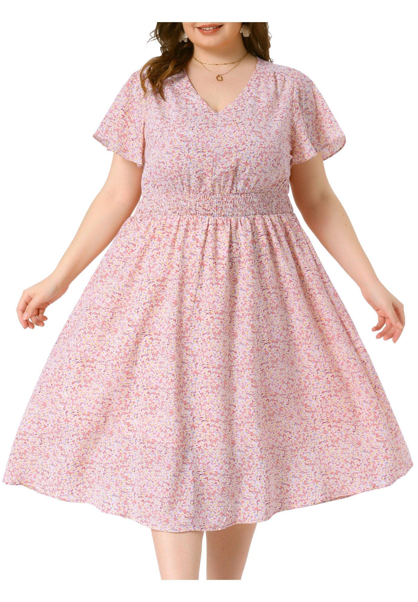 Summer Floral Print V Neck Smocked A-Line Flowy Midi Dress, Pink / Pink, alternate image number 2