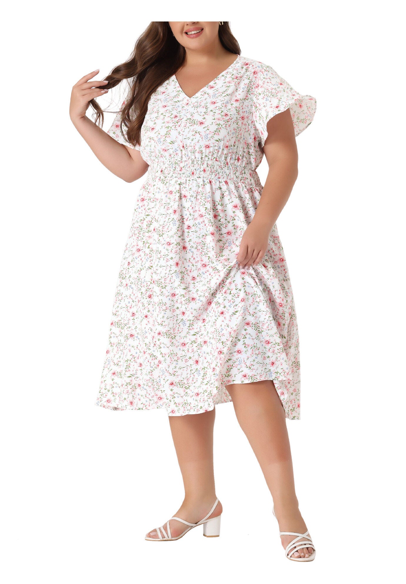 Summer Floral Print V Neck Smocked A-Line Flowy Midi Dress, White / White, alternate image number 3
