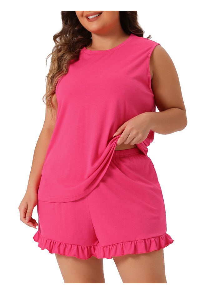RUFFLE KNIT SLEEVELESS TANK TOP 2 PIECE PAJAMAS SET LOUNGEWEAR, Hot Pink / Pink, alternate image number 2