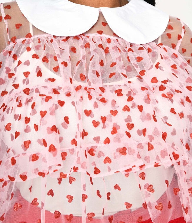 Smak Parlour Pink & Red Glitter Hearts Mesh Ruffle Top, Pink Red Glitter Hearts / Pink, alternate image number 1