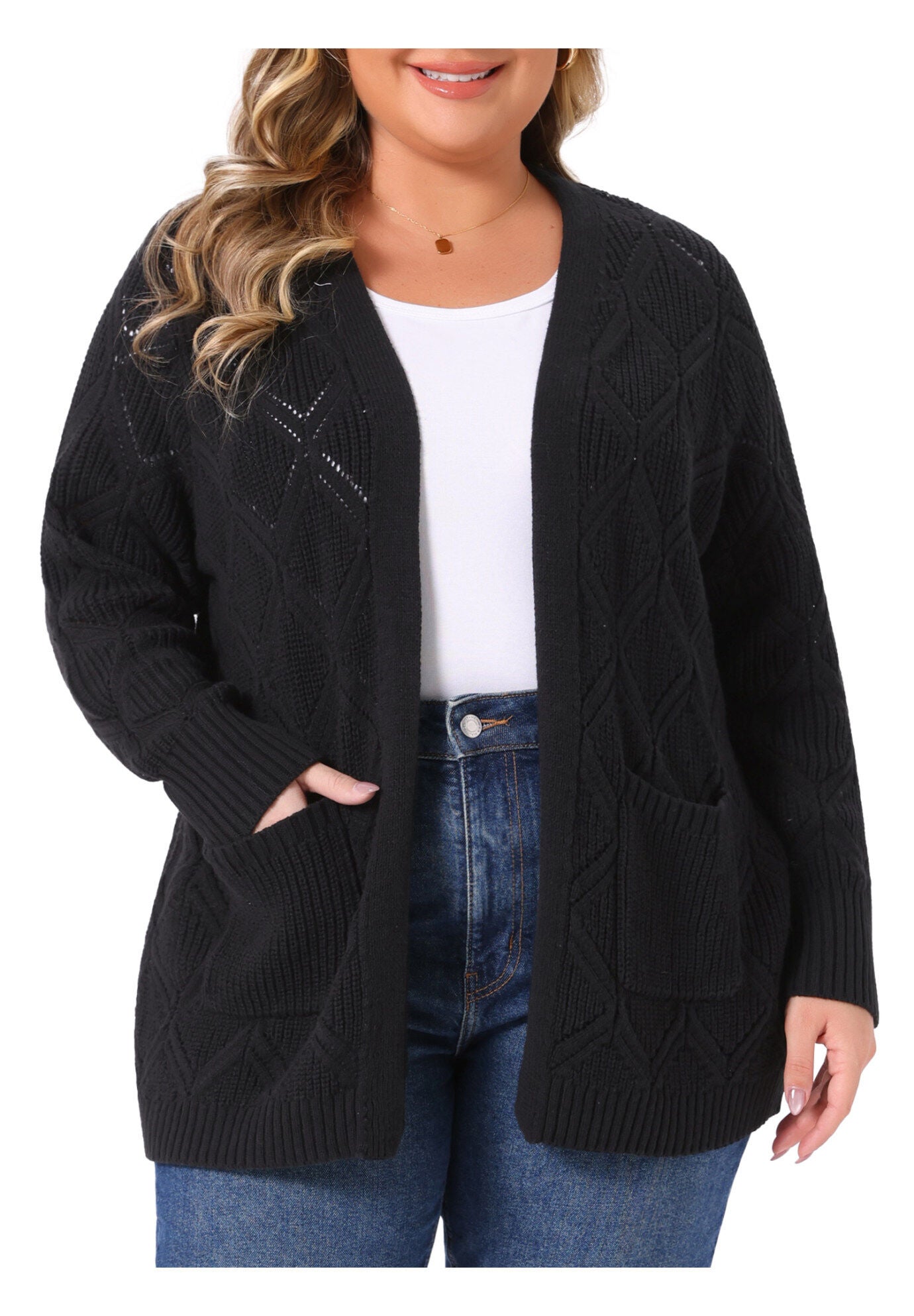 Fall Winter Long Sleeve with Pockets Knit Cardigans, Black / Black, alternate image number 2