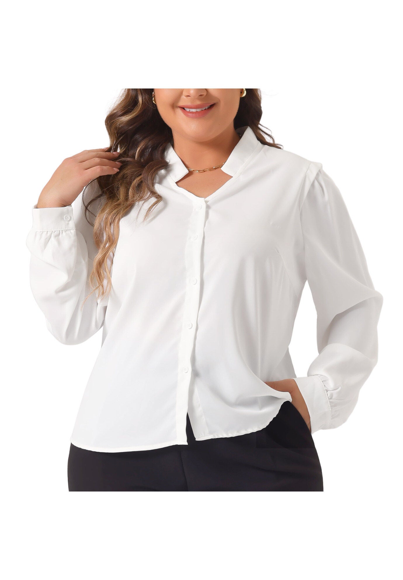Button Up Notch V Neck Long Sleeve Work Shirt, White / White, alternate image number 1
