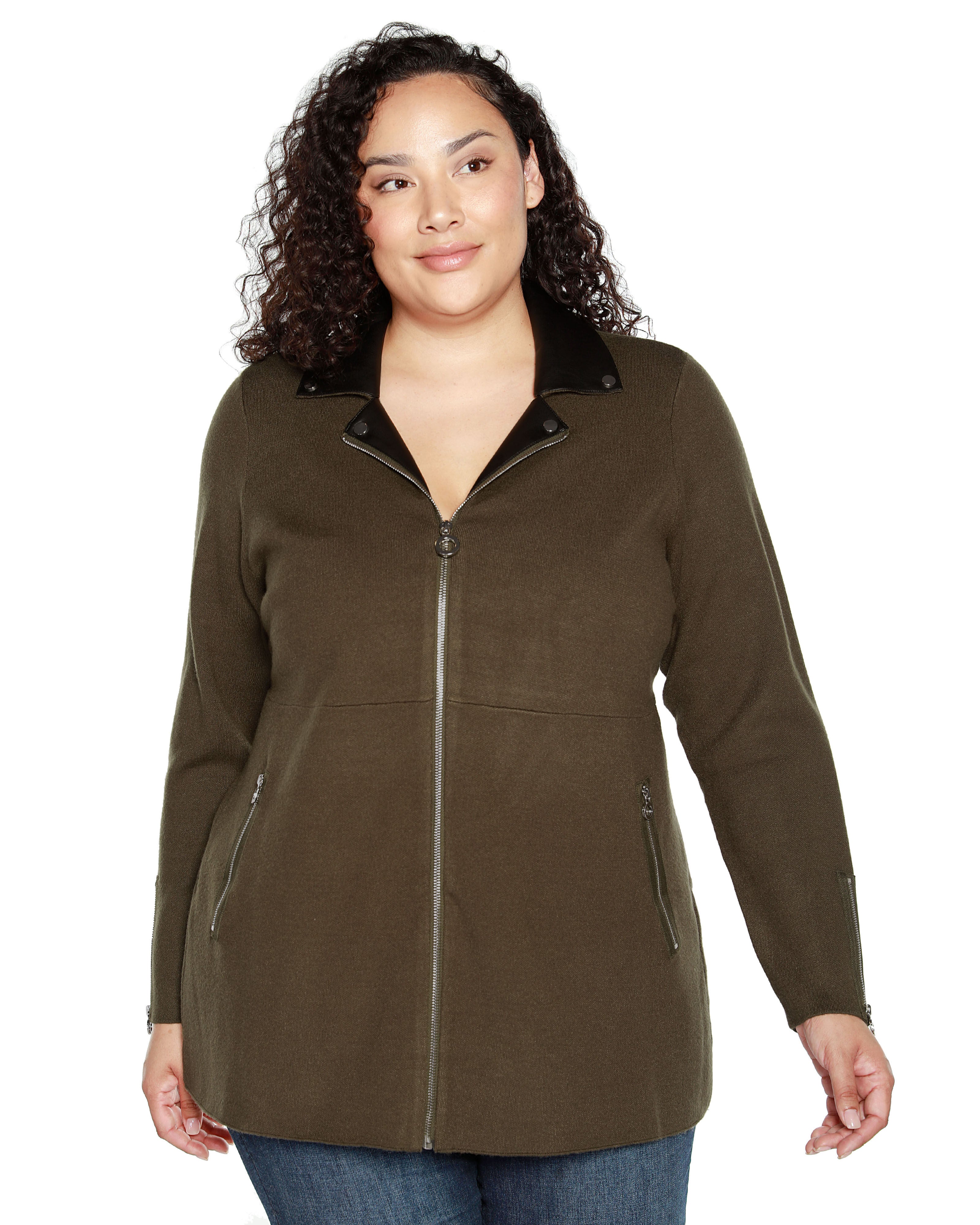 FAUX-LEATHER COLLARED SWEATER JACKET, Burnt Olive / Olive Green, hi-res image number 0